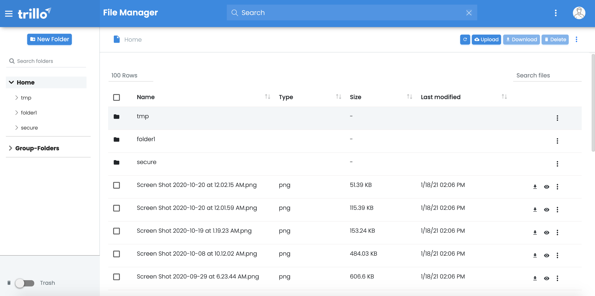 Screenshot of Trillo File Manager interface