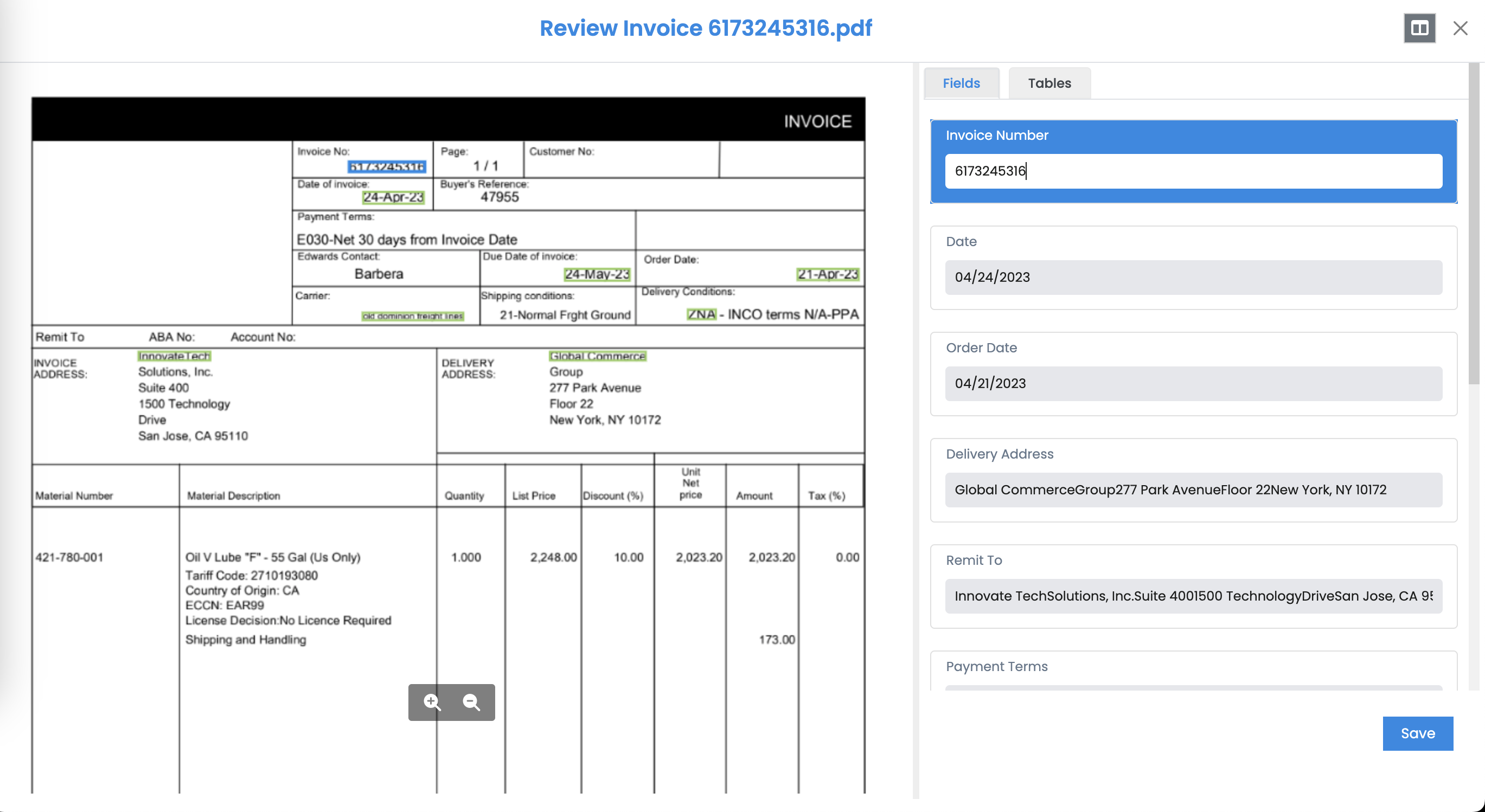 Human-in-the-Loop data extraction interface showing AI-powered document processing workflow